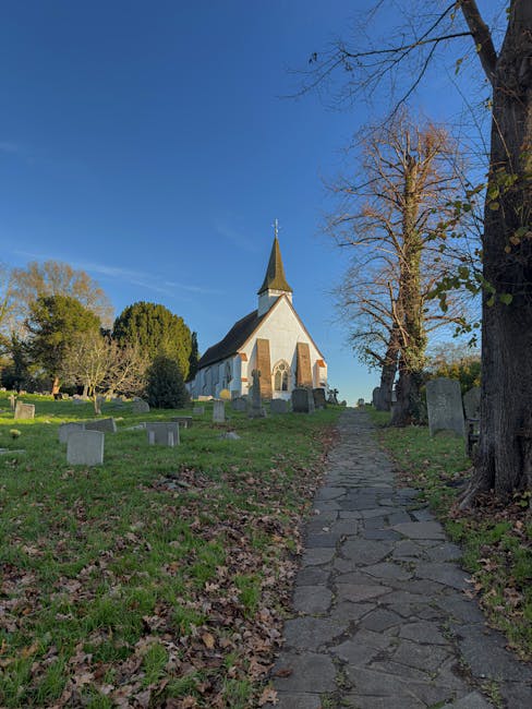 A long, narrow stone pathway leading uphill through a graveyard with scattered headstones on both sides, bordered by leafless trees and some with green foliage. The path extends towards a small white church with a pointed steeple positioned on a gentle slope in the distance, under a clear blue sky. The scene is illuminated by natural daylight, highlighting the textures of the stone, grass, and trees. The area appears quiet and well-maintained, and the image relates to house removals and moving logistics as part of a home relocation process, with Man With a Van Hillingdon offering professional packing and transport services.